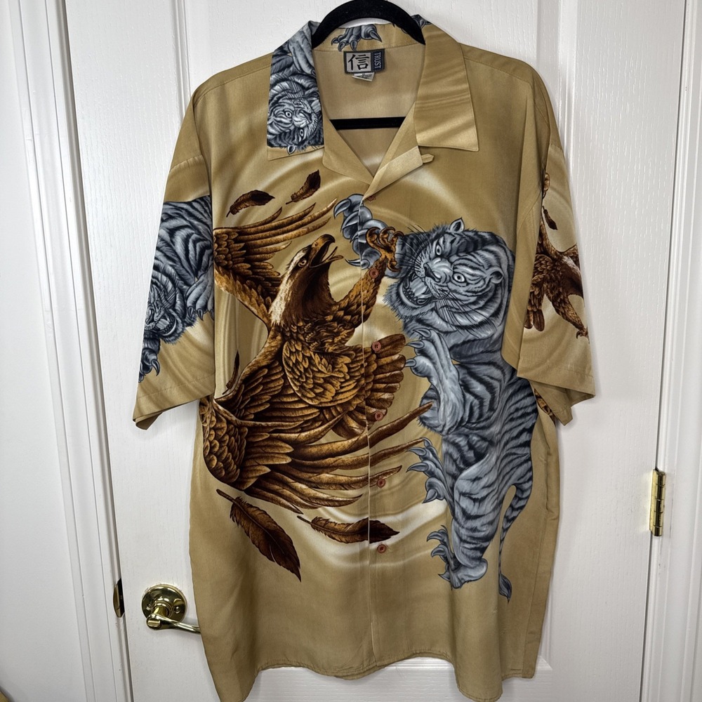 Vintage Trust Mens XL Tiger Eagle Graphic Button Up Shirt Y2K Streetwear Tan